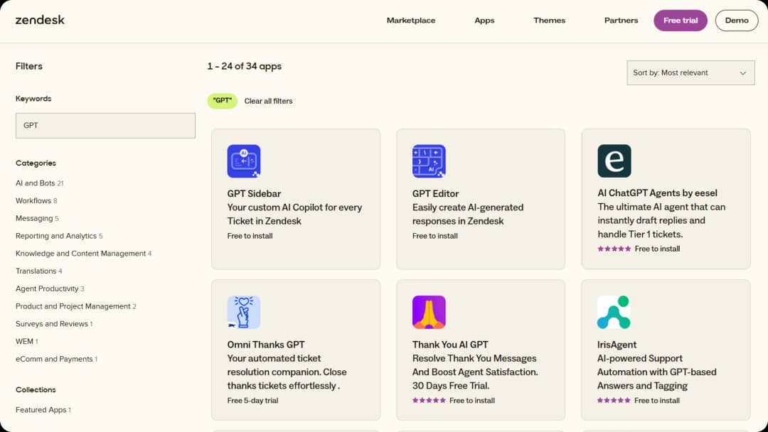 Screenshot of Zendesk marketplace showing available GPTs.