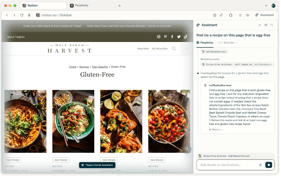Perplexity's Comet Assistant showing an on-page recipe question and source cards beside the original website