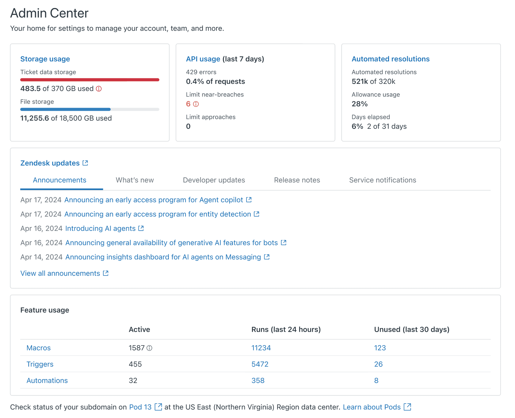 Zendesk Admin Center dashboard with triggers and automations