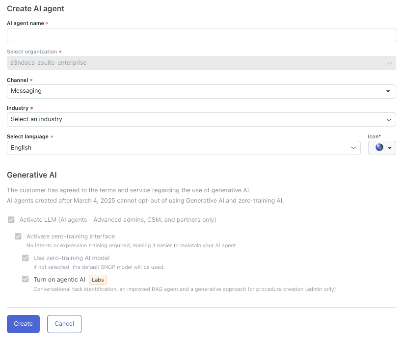 An interface for creating and configuring an AI agent, featuring options for Generative AI, LLM activation, and agentic AI capabilities.