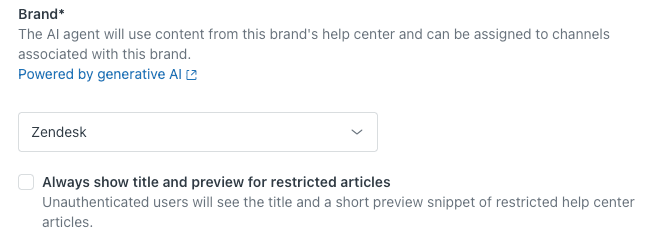 AI agent settings displaying the brand selection dropdown, currently set to Zendesk, which dictates the content source for the generative AI.