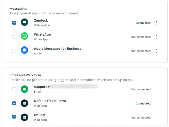An AI agent configuration panel showing channel selection options for messaging, email, and web forms.