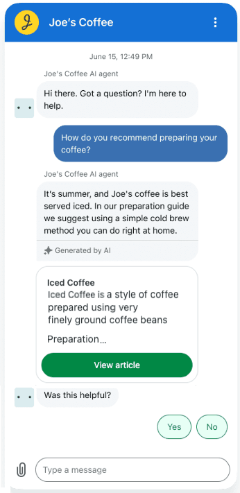 A user interacting with Joe's Coffee AI agent in a chat interface, receiving information and article suggestions.