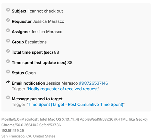 Zendesk ticket event log displaying trigger activity for email notifications and message pushes