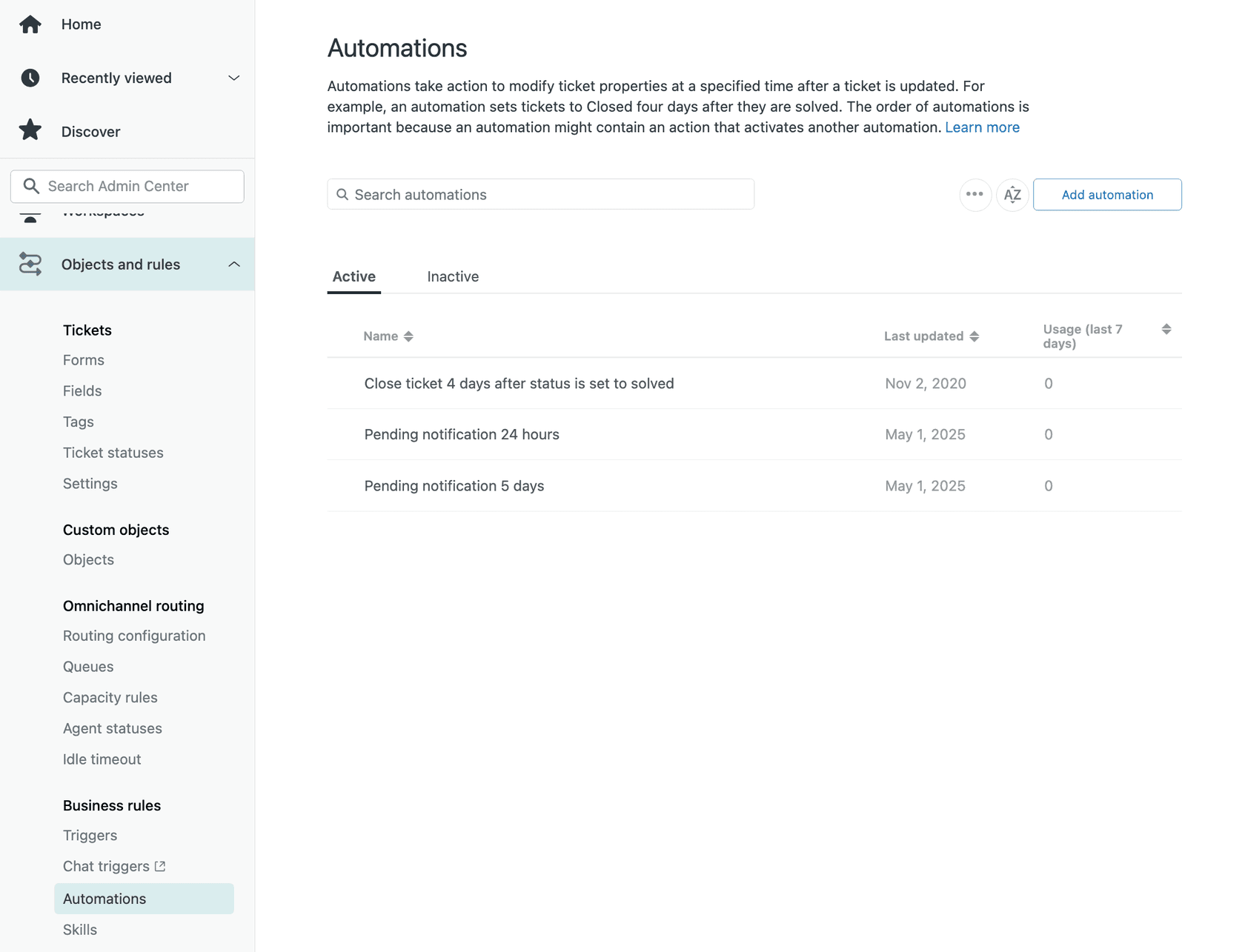 Zendesk Automations interface with time-based rules for ticket management
