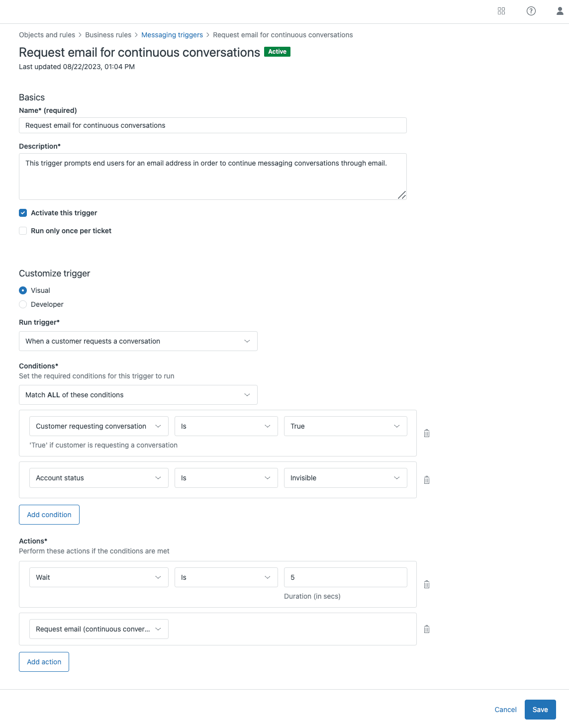 Admin Center settings page for 'Request email for continuous conversations' showing trigger activation and configuration options.