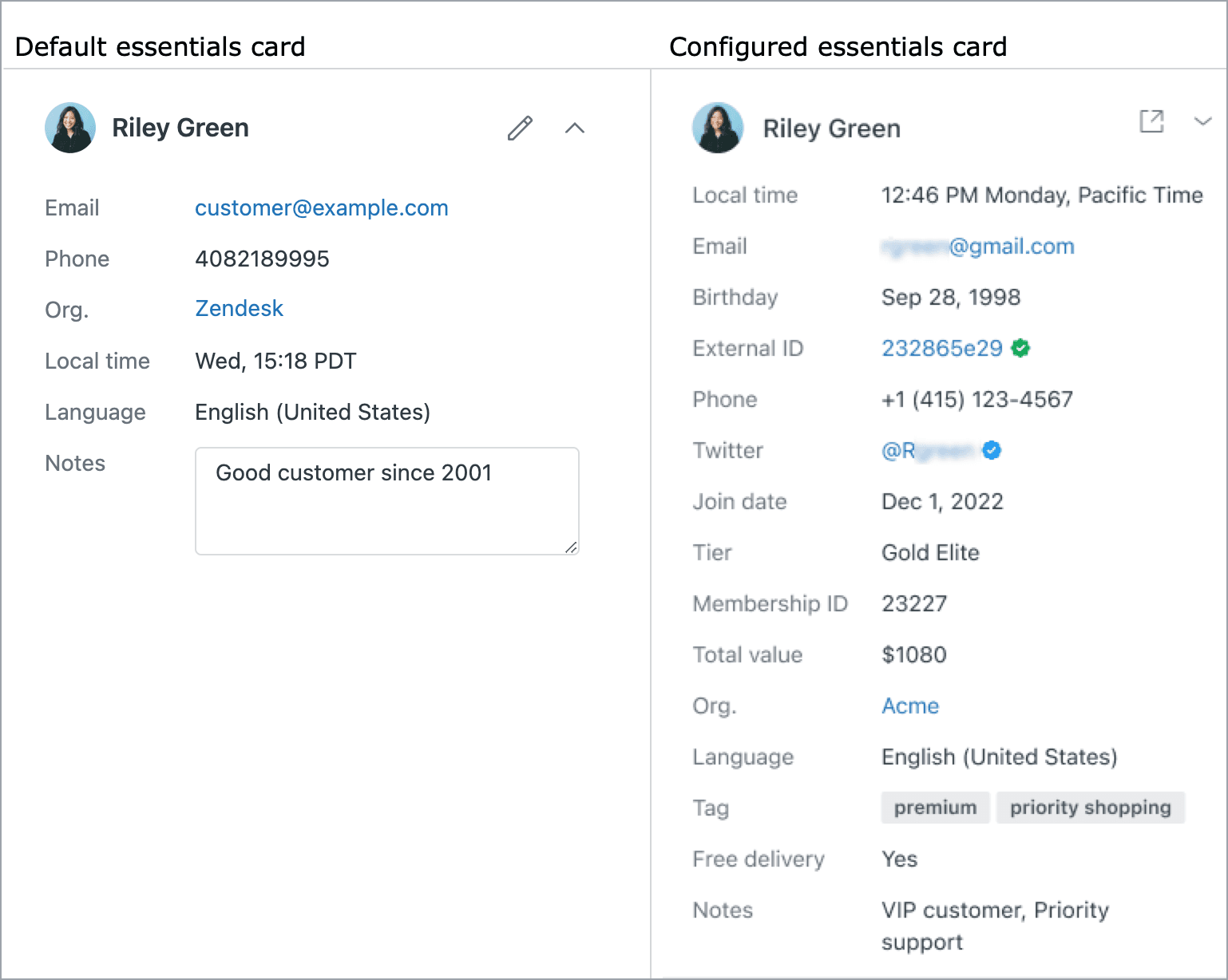 Agent Workspace comparison showing default and configured customer context cards with custom user fields