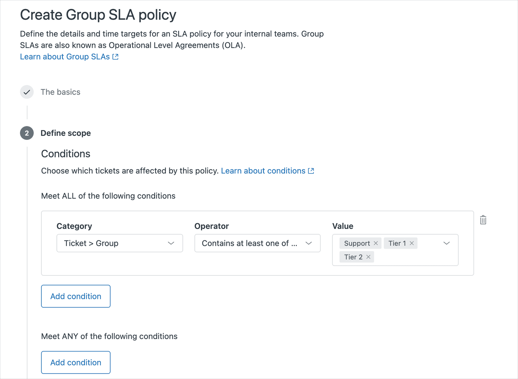 Defining a Group SLA policy with conditions for internal teams such as Support, Tier 1, and Tier 2.