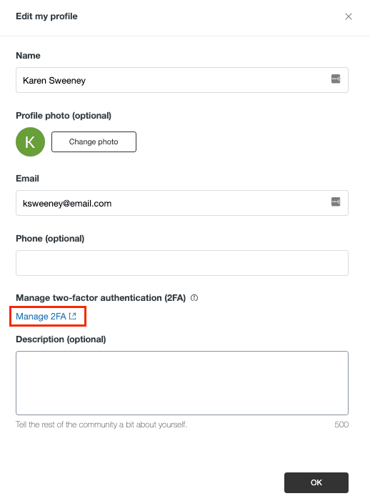 Help Center user profile with 2FA management options.