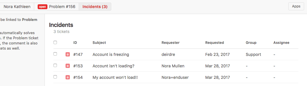 Zendesk's problem ticket interface displaying three linked incident tickets.