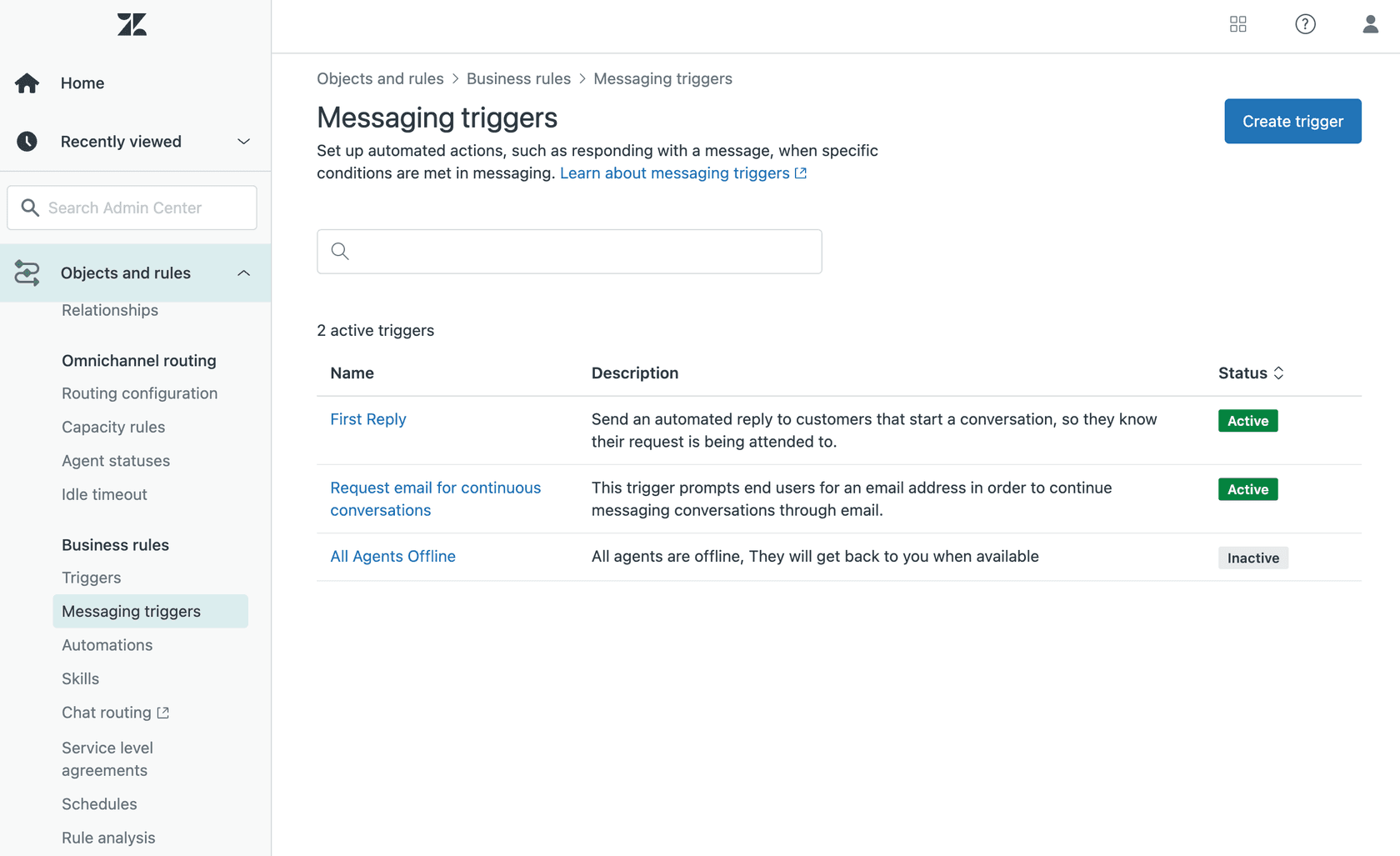 Zendesk's messaging triggers page, displaying a list of active triggers and options for configuration based on conditions and automated actions.