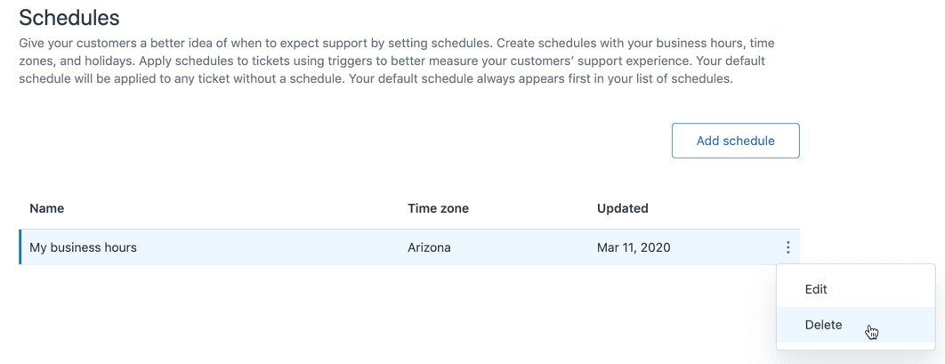 Zendesk Admin Center's schedule configuration page displaying existing business hours and options to manage them.