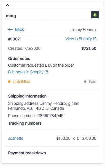 Zendesk's Shopify integration with customer order details panel in a support ticket