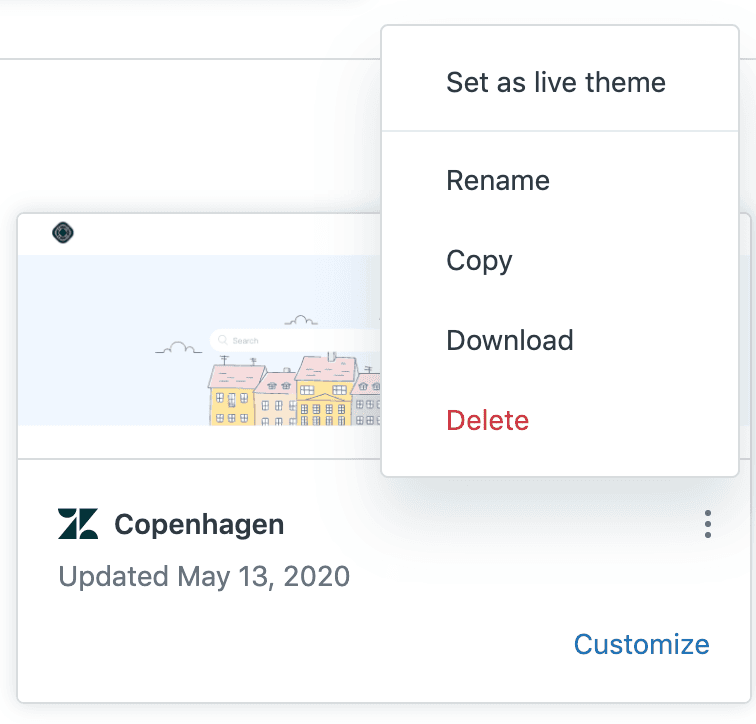 Zendesk's theme options menu displaying the 'Set as live theme' option for the Copenhagen theme.