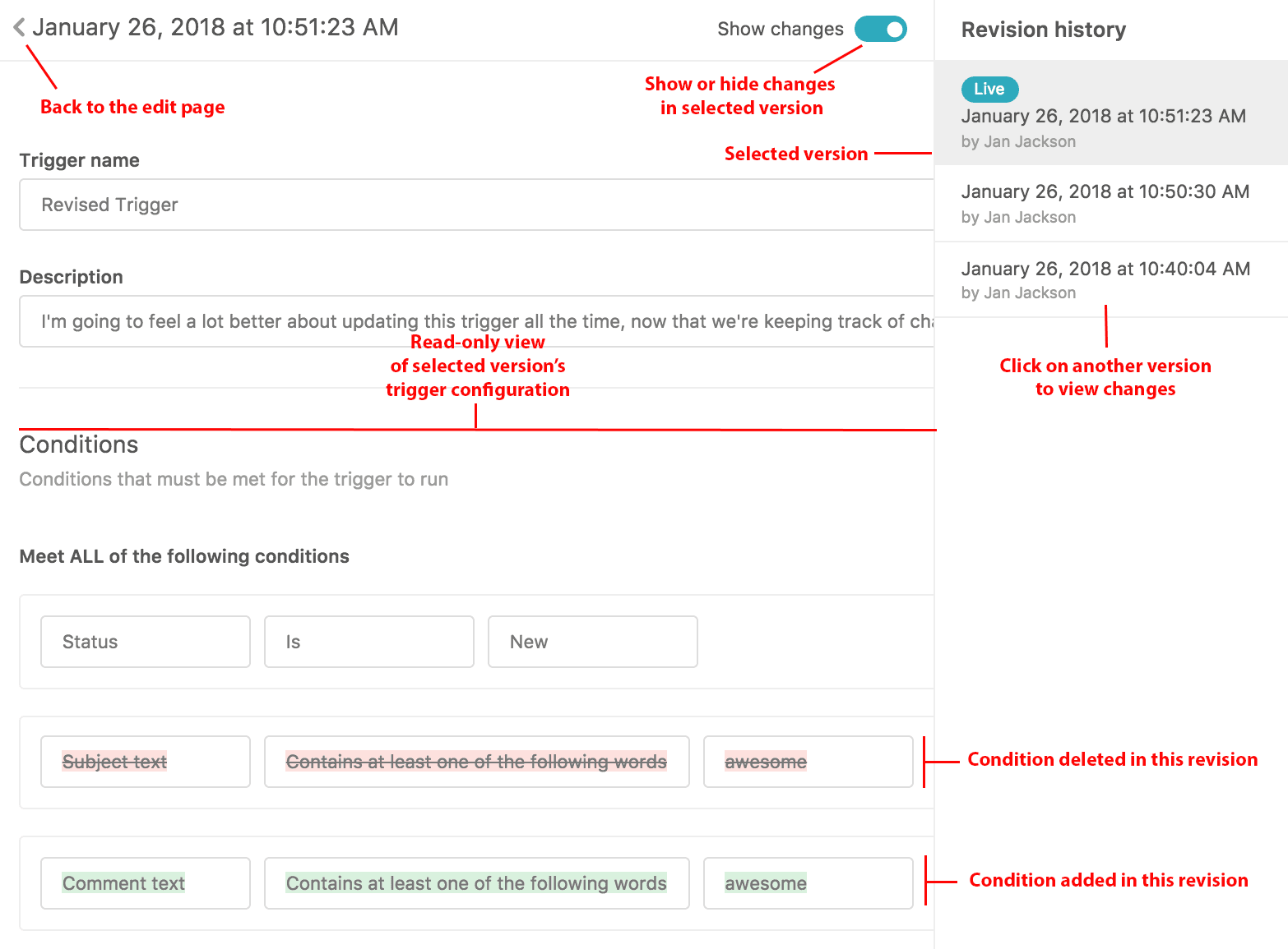Zendesk trigger revision history interface showing conditions and a Show changes toggle