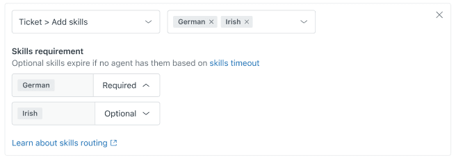 Zendesk skills configuration panel showing required and optional skills