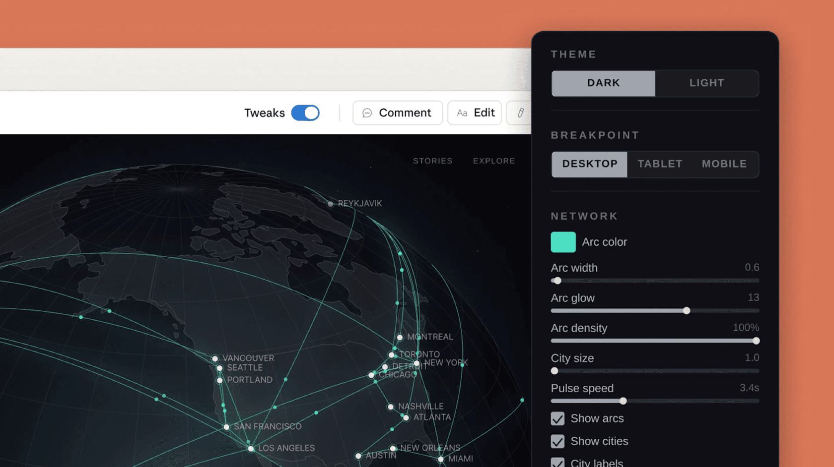 Claude Design interface showing an interactive globe visualization with dark theme and responsive breakpoint controls.