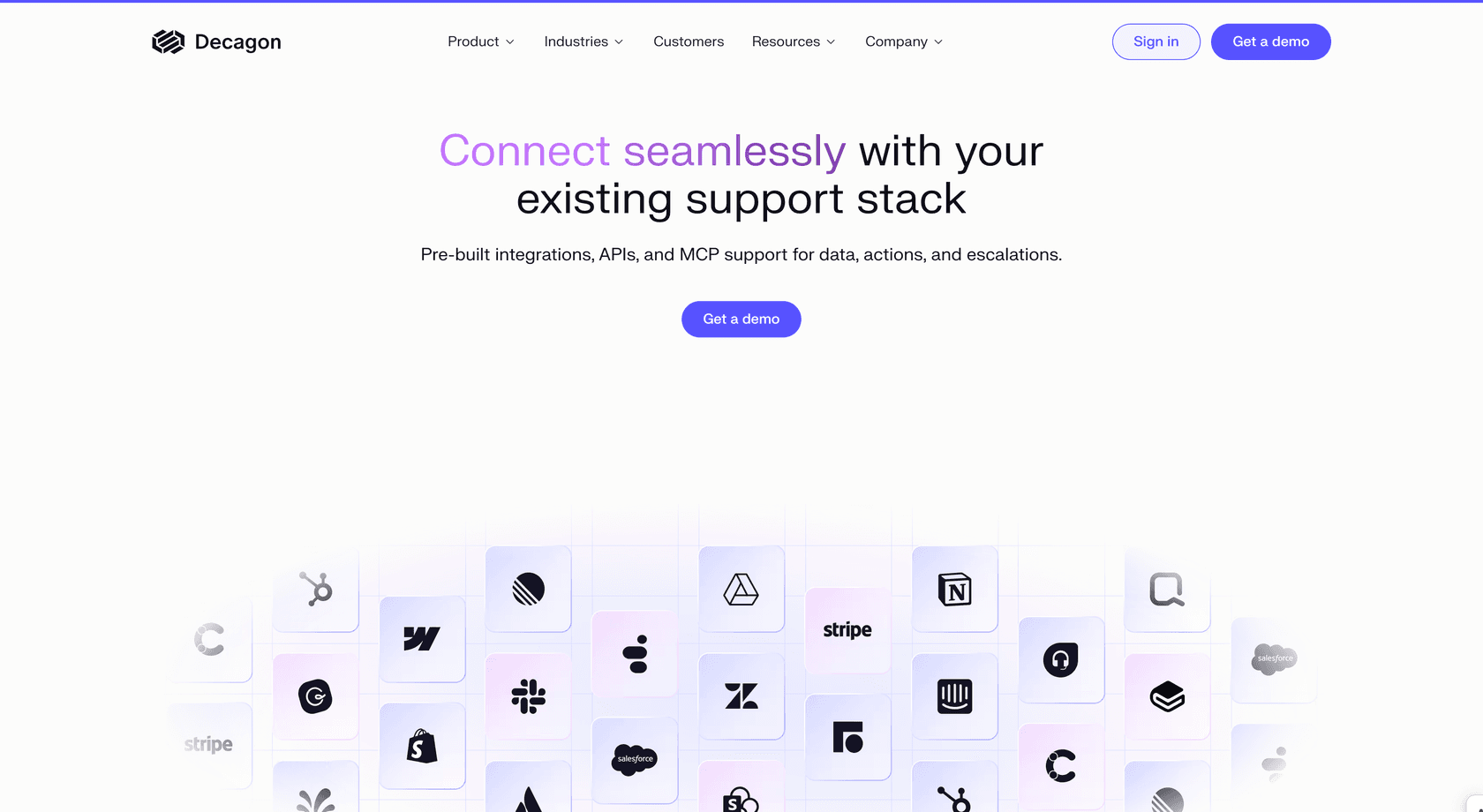 Decagon integrations page showing connections to Zendesk, Salesforce, Confluence, and other CRM and knowledge base tools.