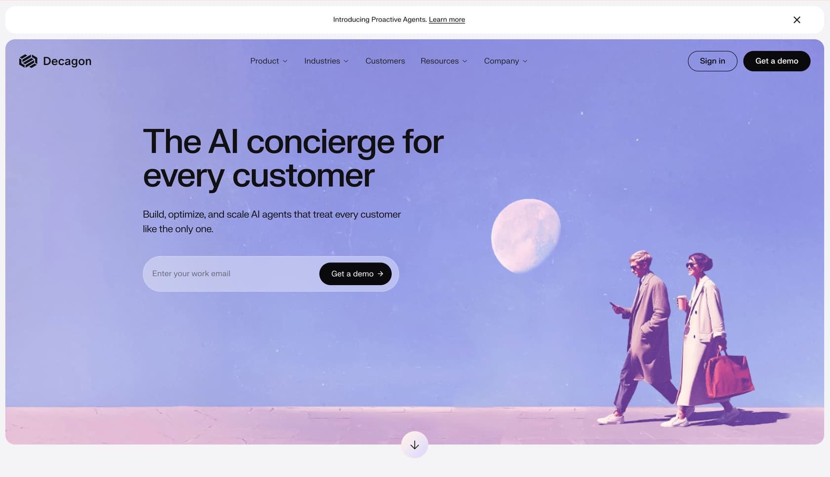 Decagon homepage showing the AI concierge platform for customer support with their tagline and demo request form.