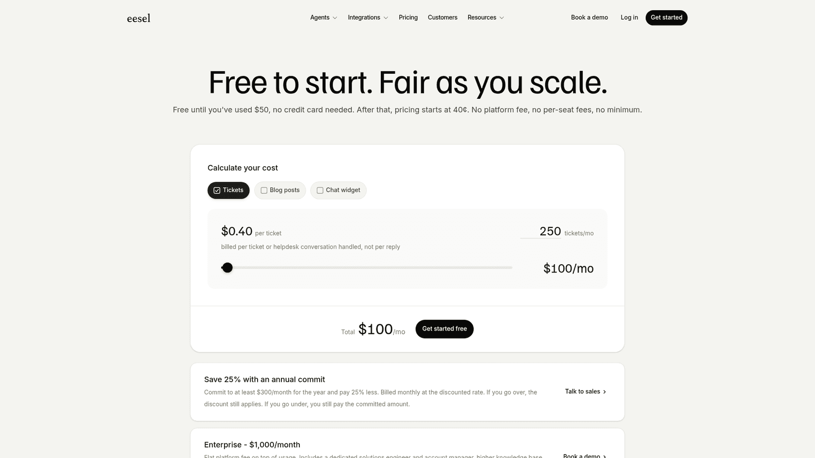 eesel AI pricing page showing the task-based plans