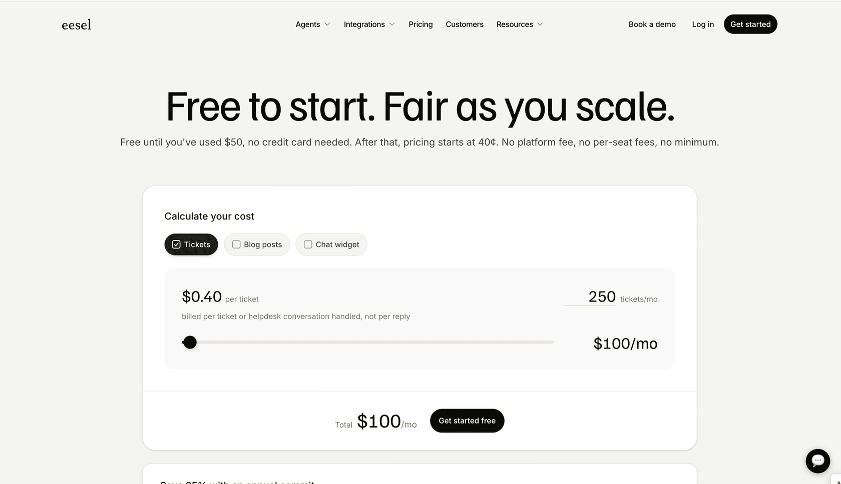 eesel AI's pricing page showing task-based costs and plan options.