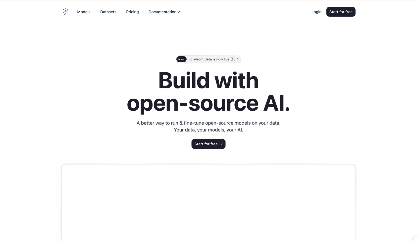 Forefront AI platform showing the AI model access and fine-tuning interface.