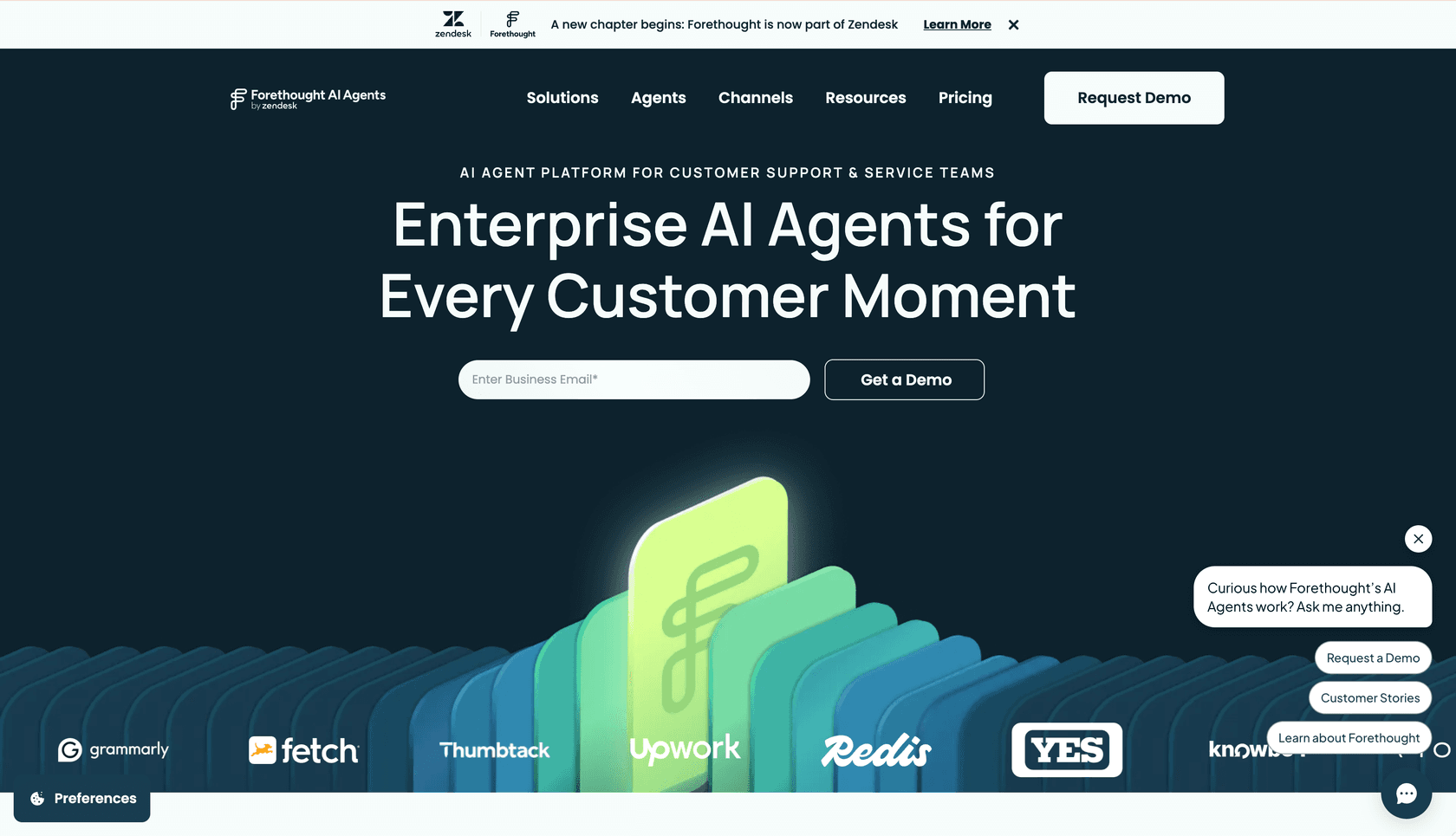 Forethought landing page showcasing the enterprise AI agent platform by Zendesk.