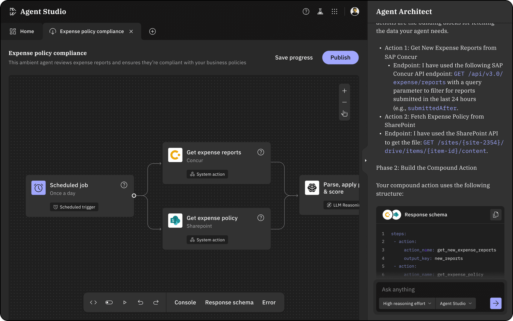 Moveworks Agent Studio showing an expense policy compliance agent built with scheduled triggers and system actions.