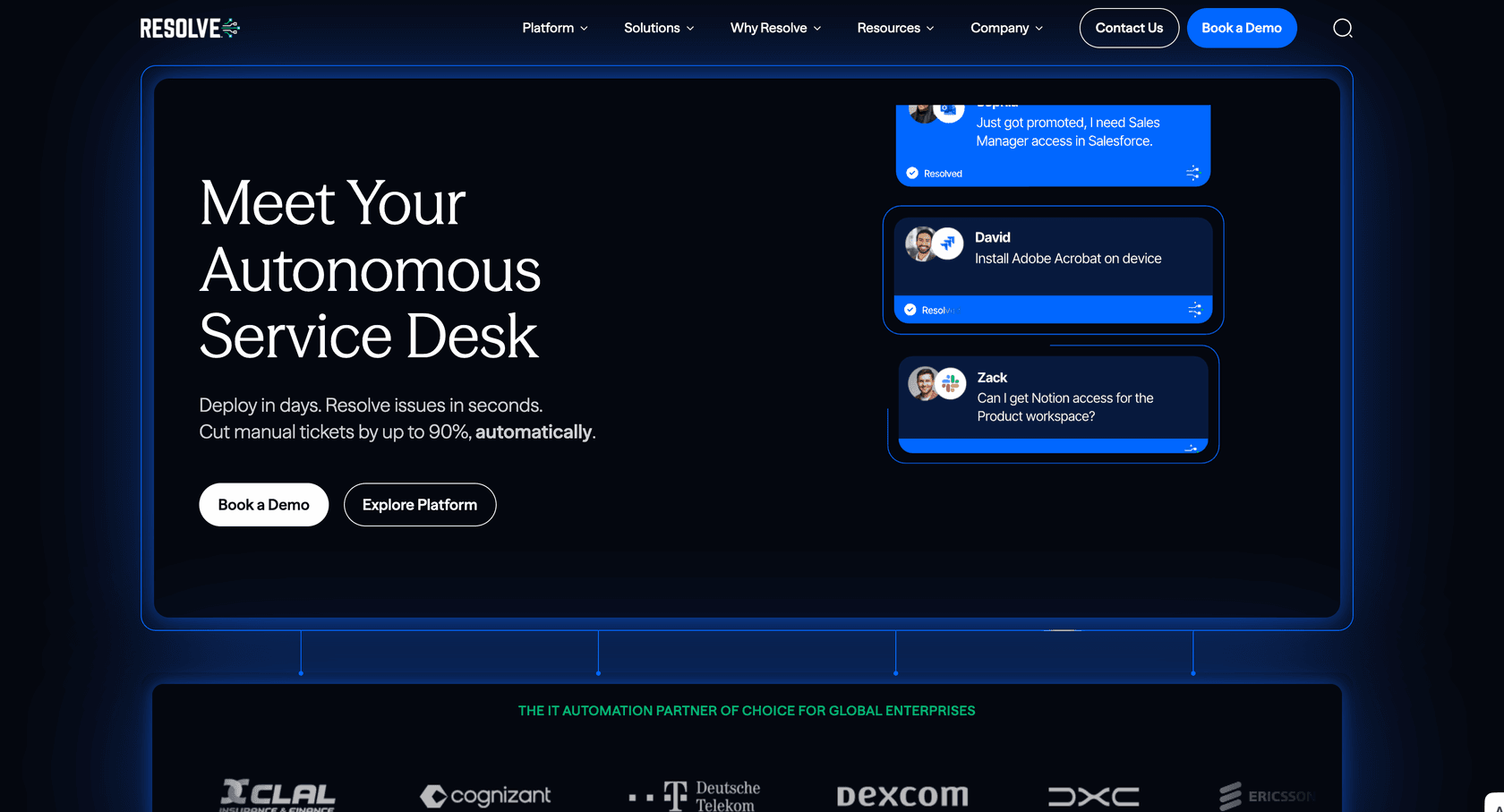 Resolve service desk landing page showing the autonomous service desk platform formerly known as Espressive Barista.