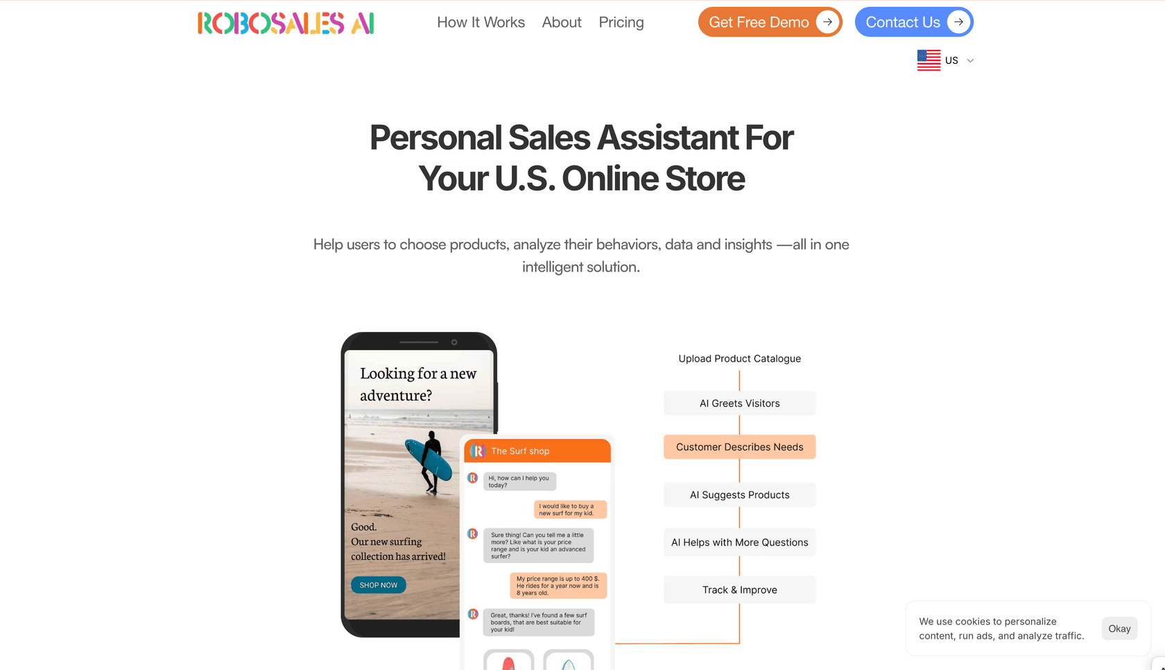 Robosales AI homepage highlighting its in-store expert experience for online retailers.