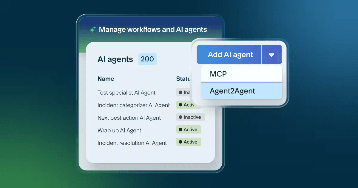 ServiceNow AI Agent Fabric interface showing MCP and Agent2Agent protocol options for connecting AI agents across workflows.