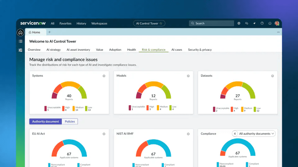 ServiceNow AI Control Tower showing risk and compliance dashboard with EU AI Act and NIST AI RMF frameworks.