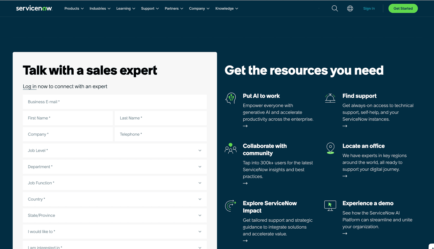 ServiceNow customer support page offering sales expert contact, resources, community, and demo options.