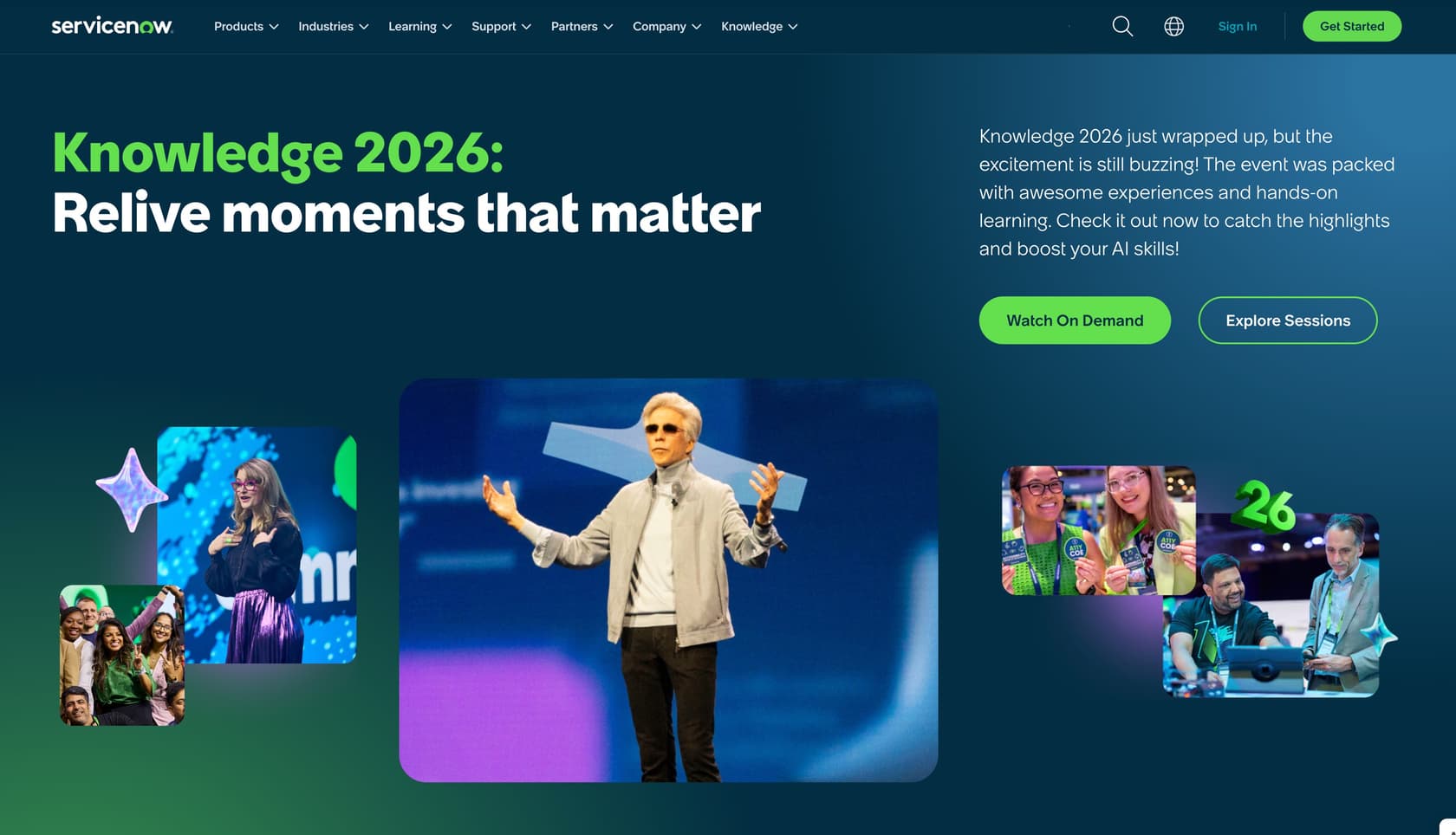 ServiceNow Knowledge 2026 event landing page highlighting AI learning sessions and on-demand content.