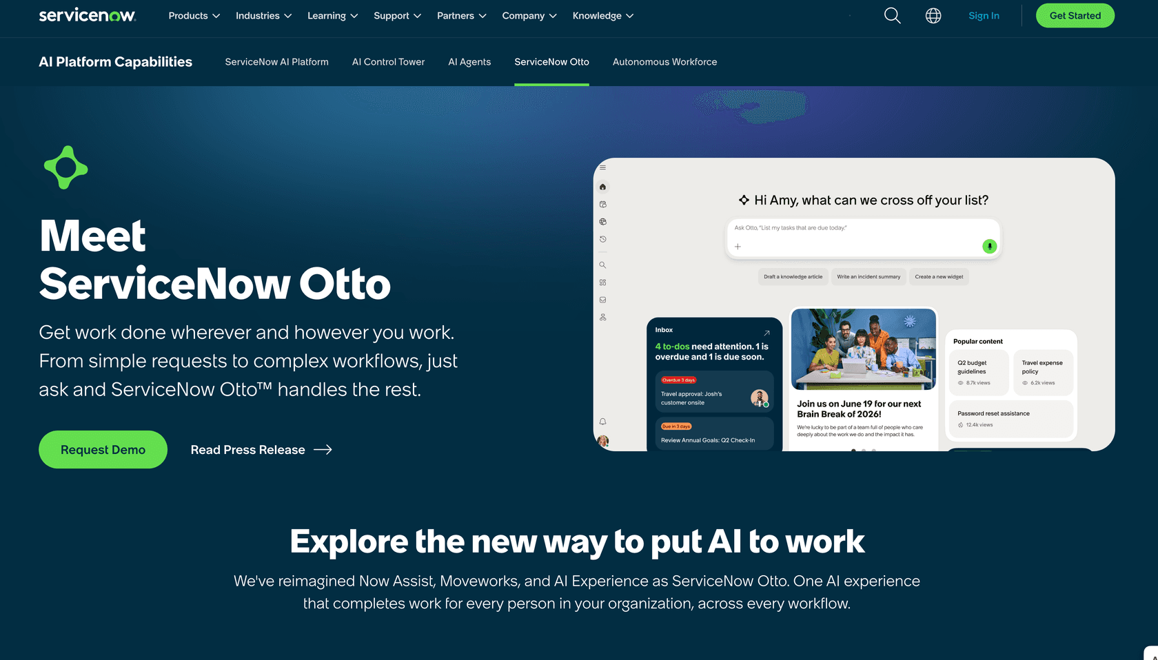 ServiceNow Otto AI platform page showing the AI assistant interface for handling complex workflows across the organization.