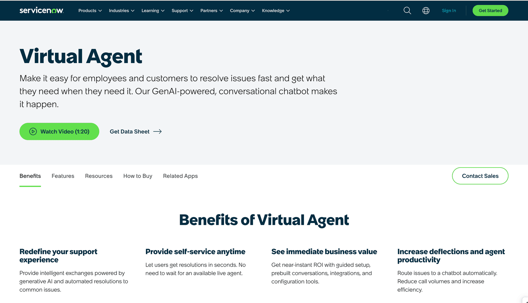 ServiceNow Virtual Agent landing page highlighting fast employee and customer issue resolution through conversational AI.