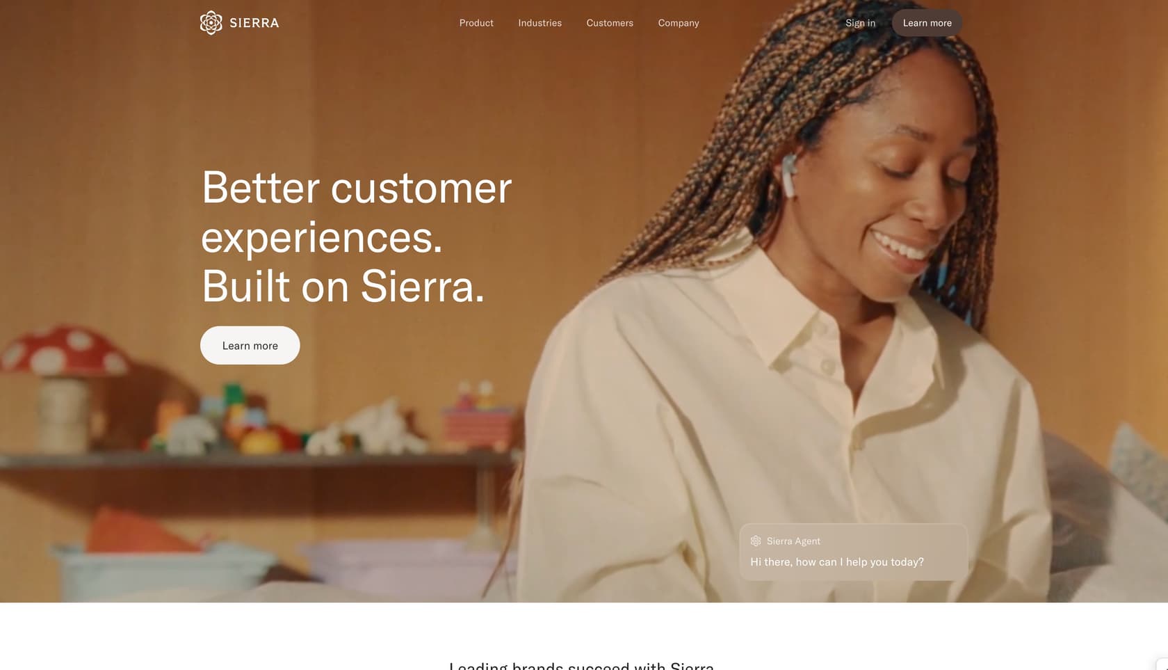 Sierra homepage showing the customer experience AI platform with the tagline "Better customer experiences. Built on Sierra."