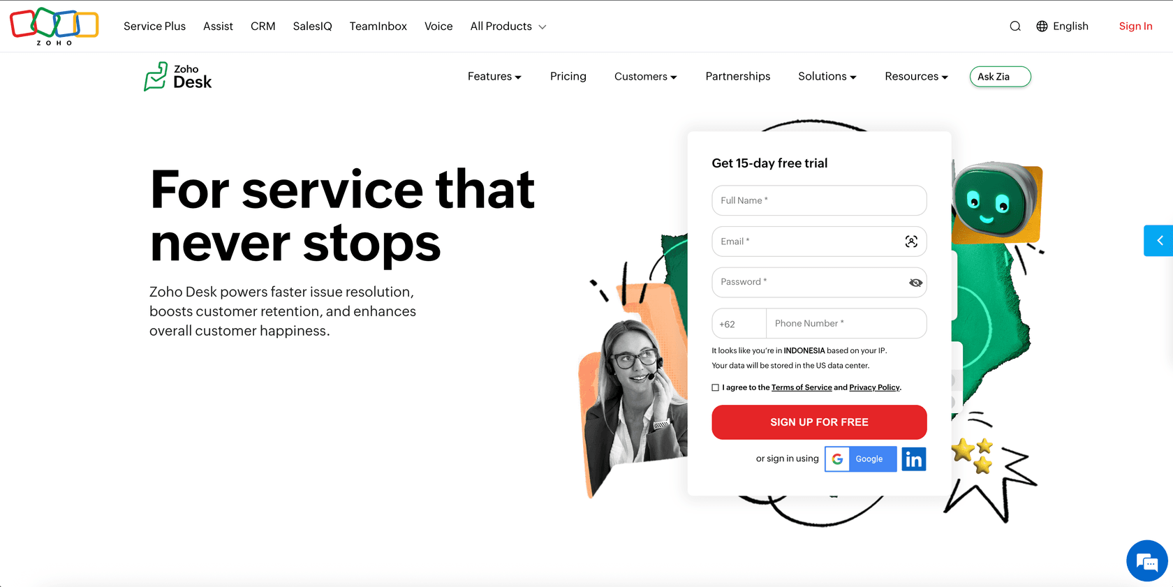 Zoho Desk homepage - For service that never stops
