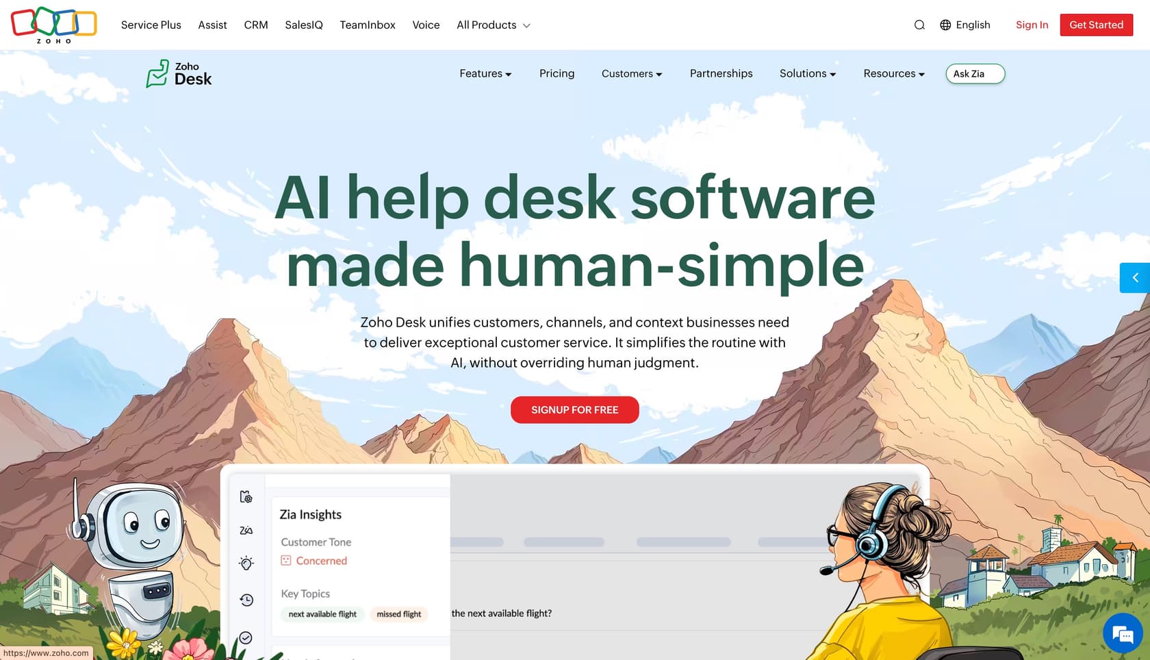 A screenshot of Zoho Desk's landing page.