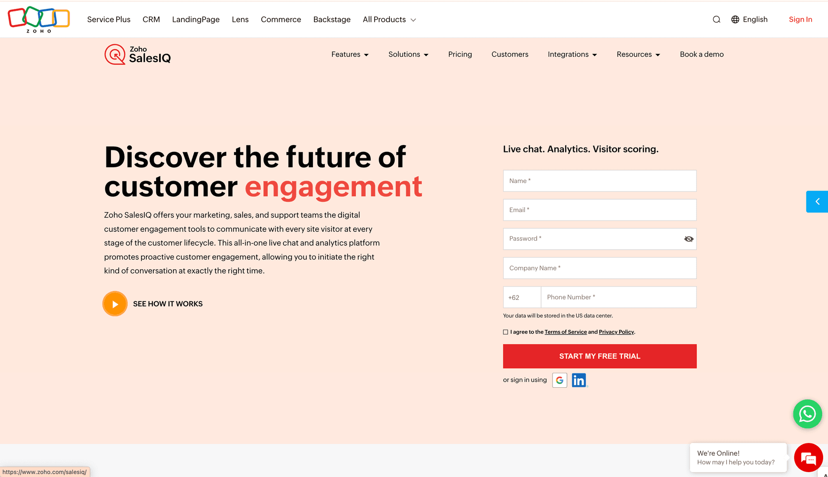 Zoho SalesIQ's homepage showing its visitor tracking dashboard and omnichannel engagement features for sales and support teams.