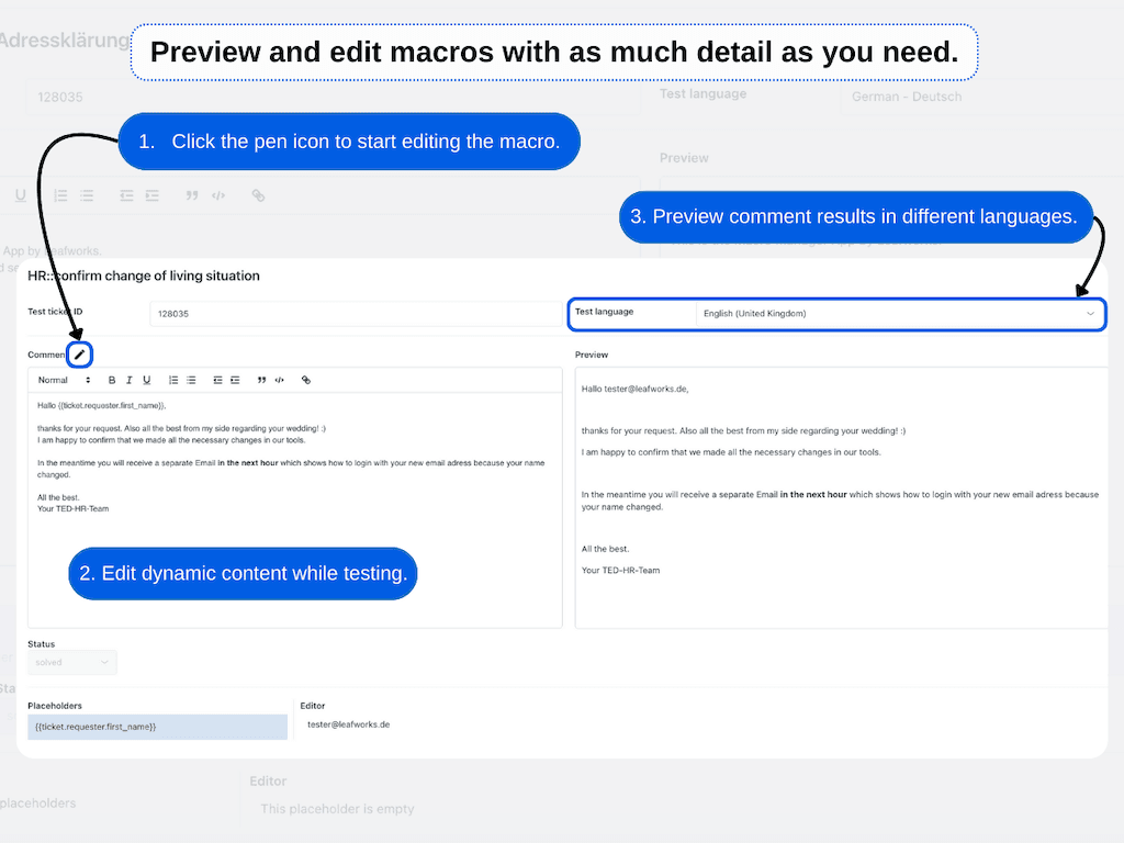 The LEAFWORKS Macro Manager interface for editing and previewing templated responses, including dynamic content and multi-language previews.