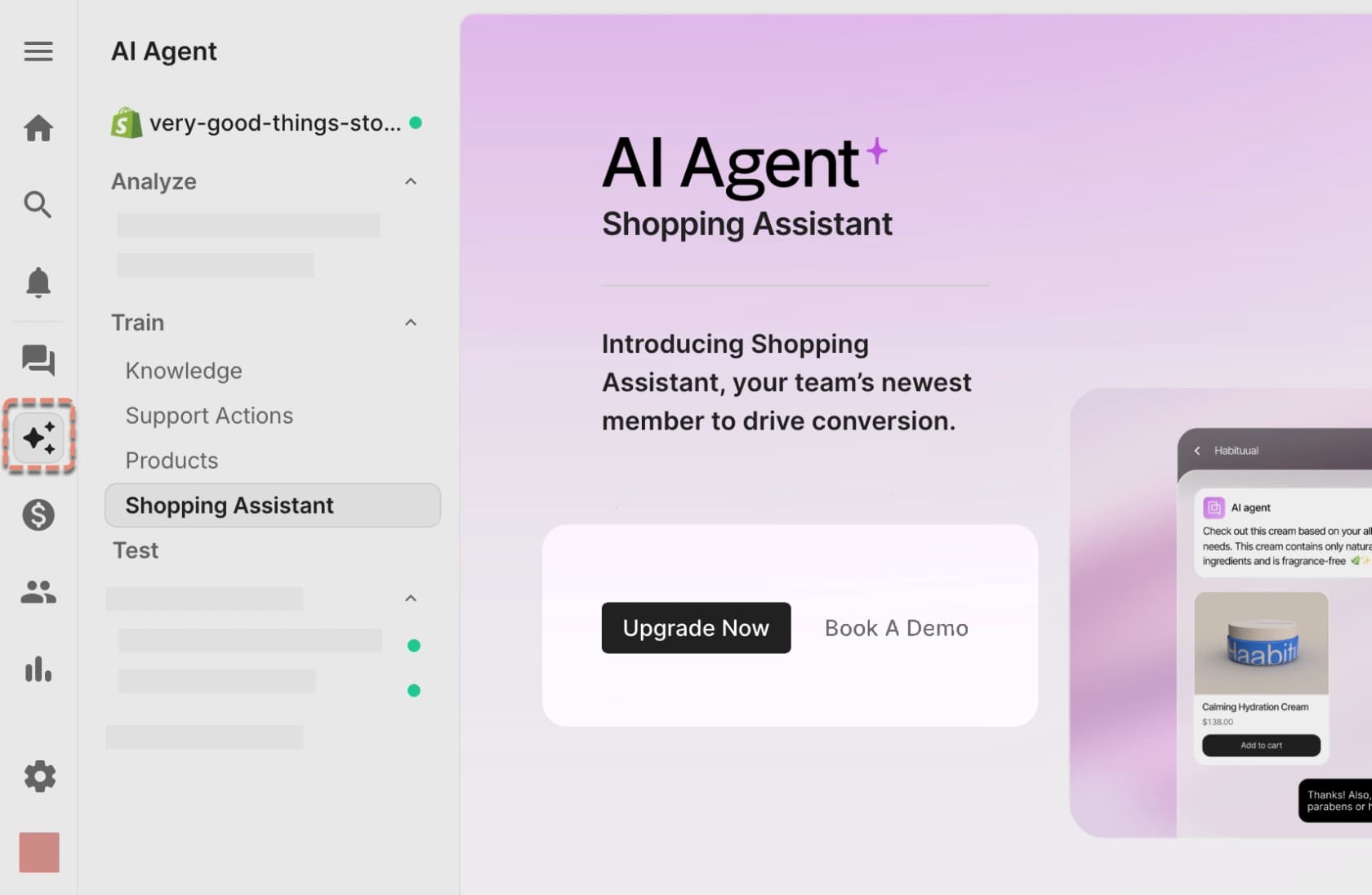 Gorgias Shopping Assistant page showing an Upgrade Now prompt in an example legacy account.