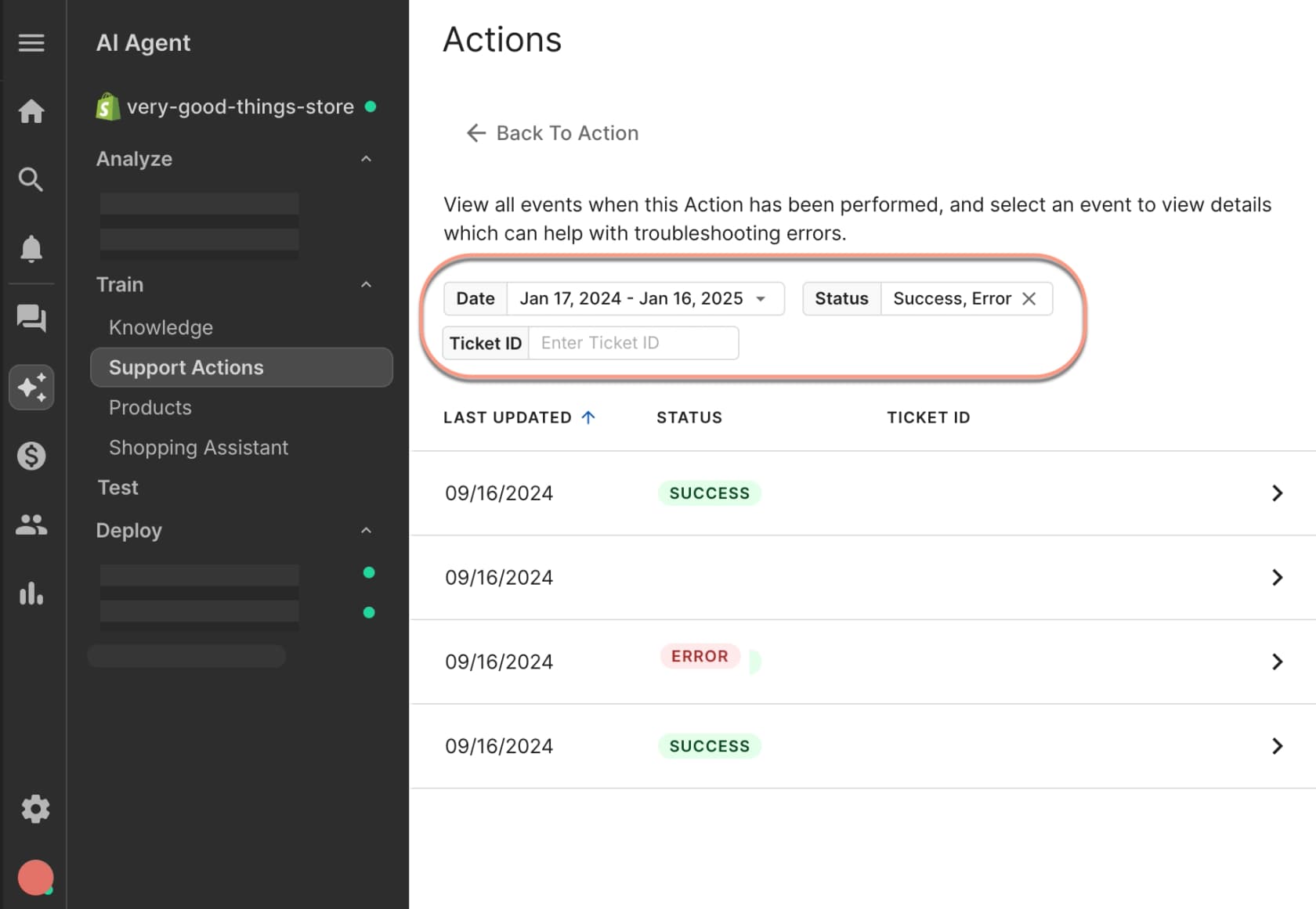 Gorgias action event log with date, status, and ticket ID filters and success and error entries.