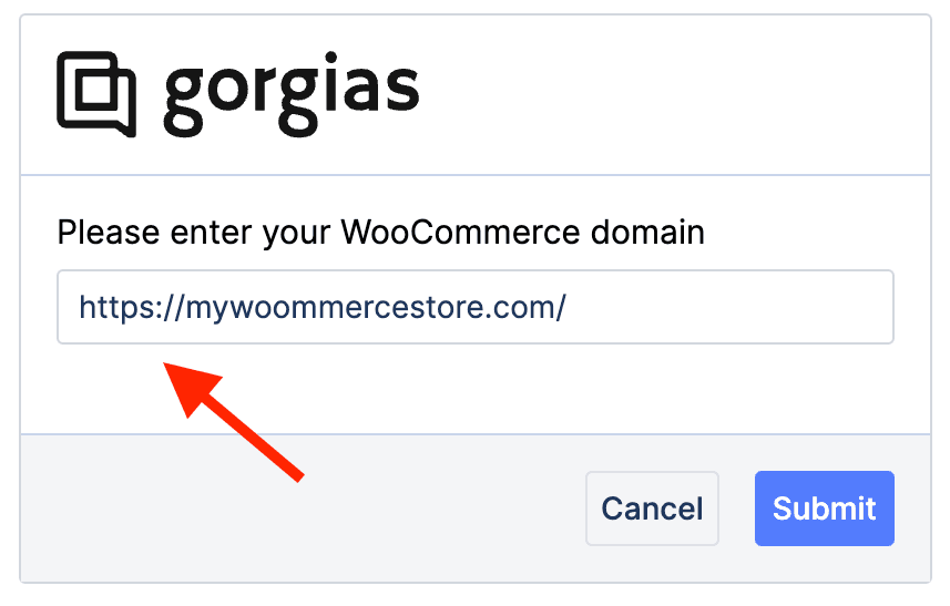 Gorgias WooCommerce integration setup page prompting for store domain