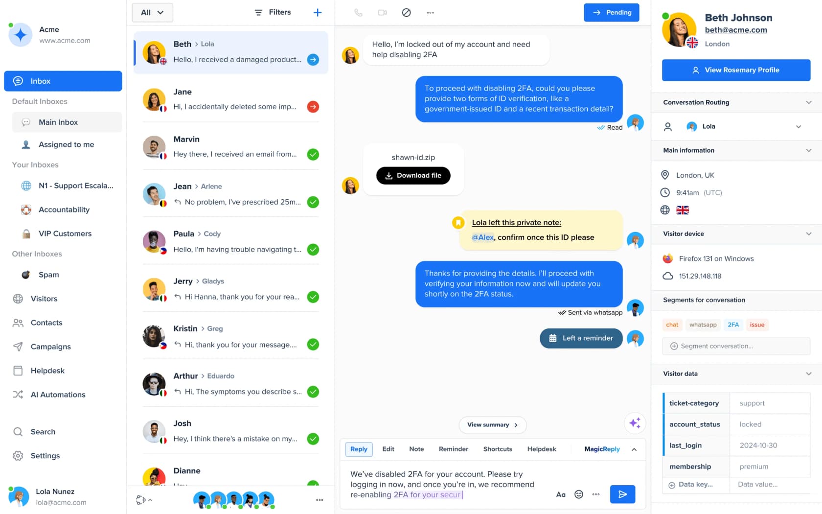 Crisp shared inbox showing conversations from customers in several countries with a MagicReply draft, as taken from Crisp