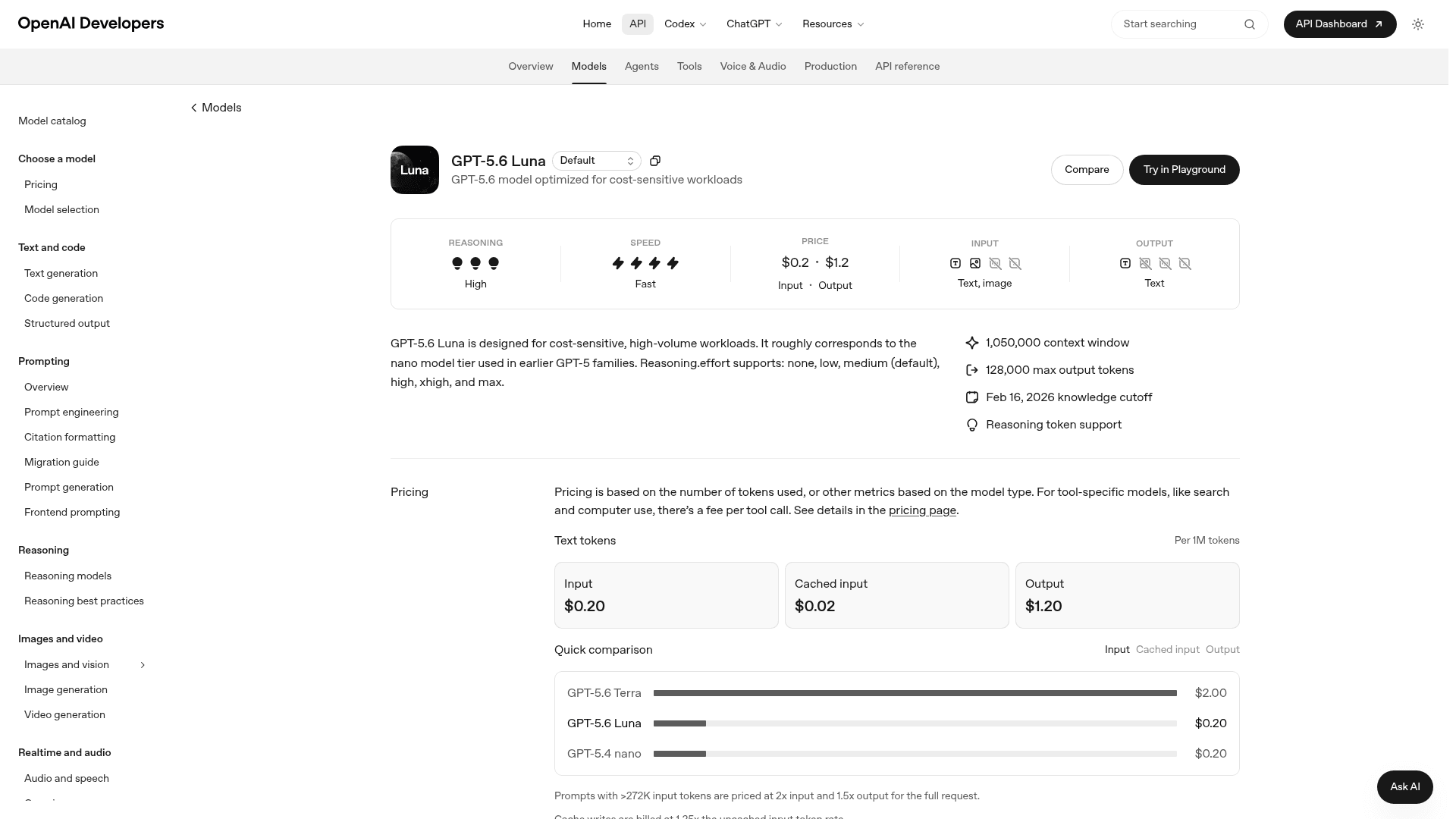 GPT-5.6 Luna model page on OpenAI, showing $0.20 input and $1.20 output pricing, as taken from OpenAI