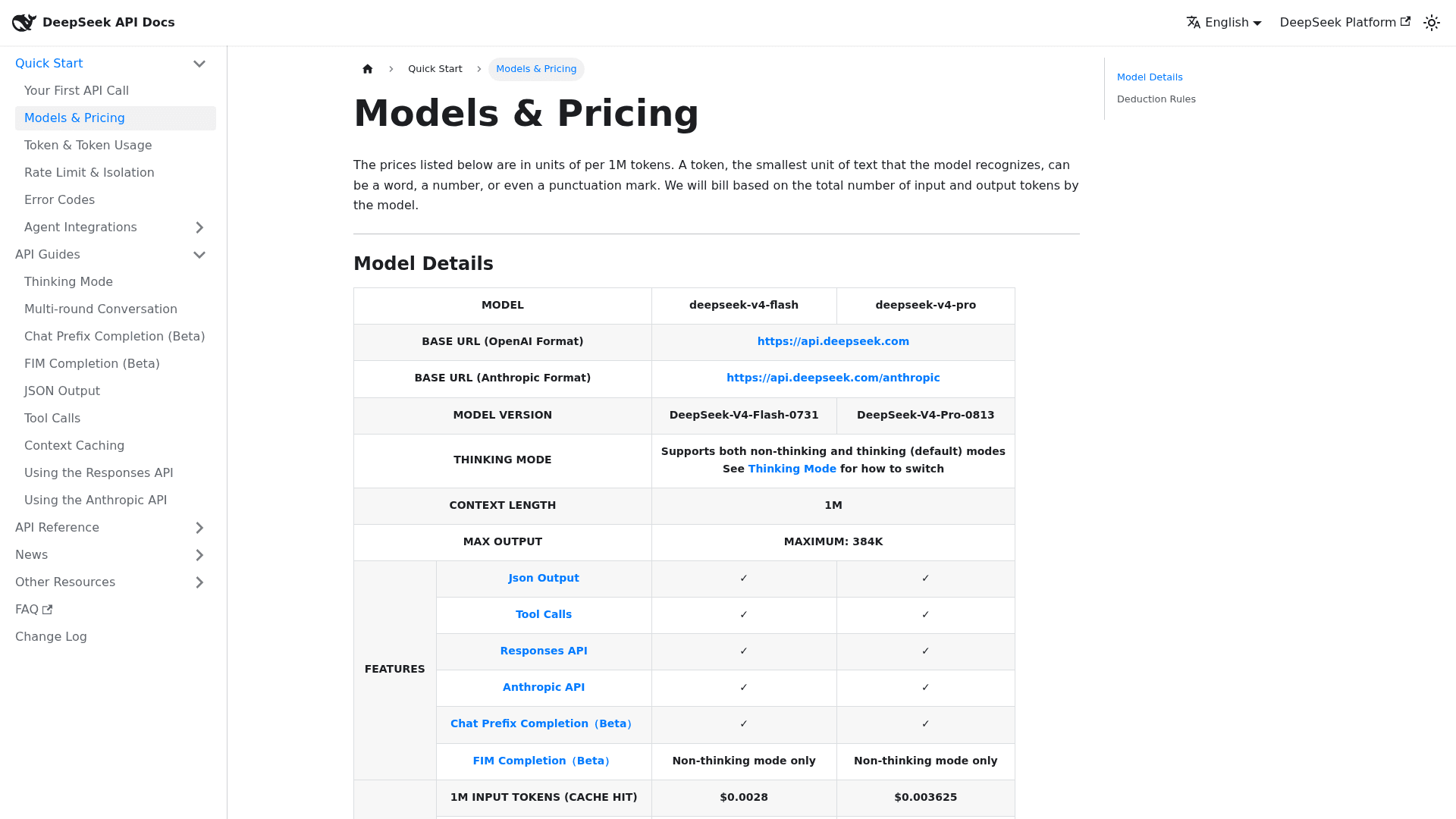 DeepSeek's API models and pricing table listing the flash and pro model versions, context length and cache-hit rates, as taken from DeepSeek's API docs
