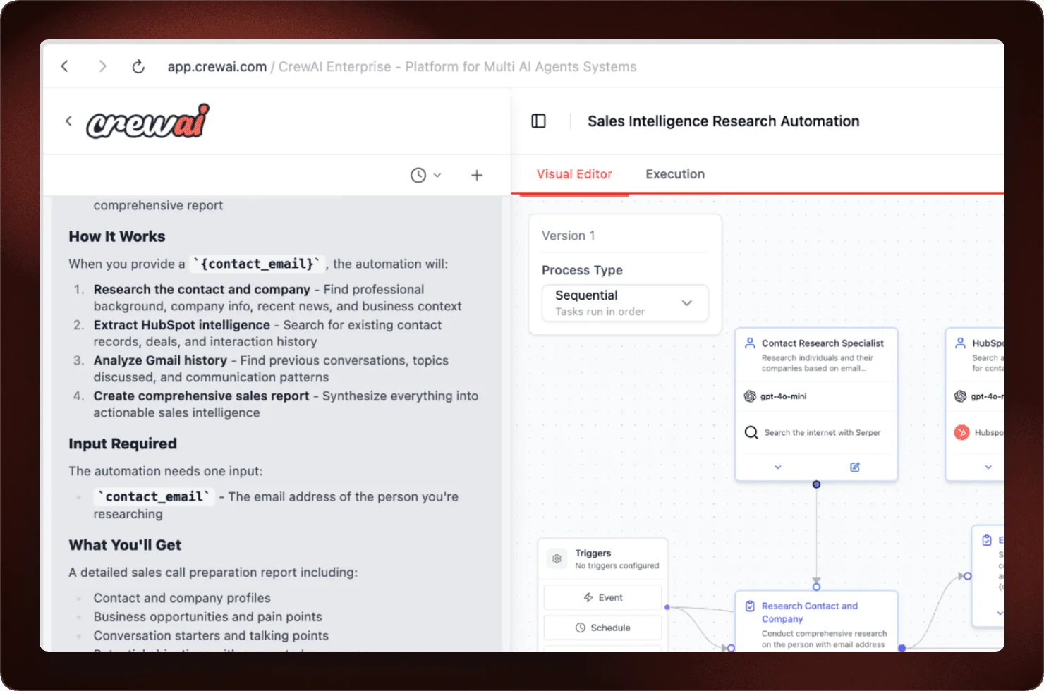 The CrewAI visual editor showing a sequential multi-agent sales research automation, as taken from CrewAI