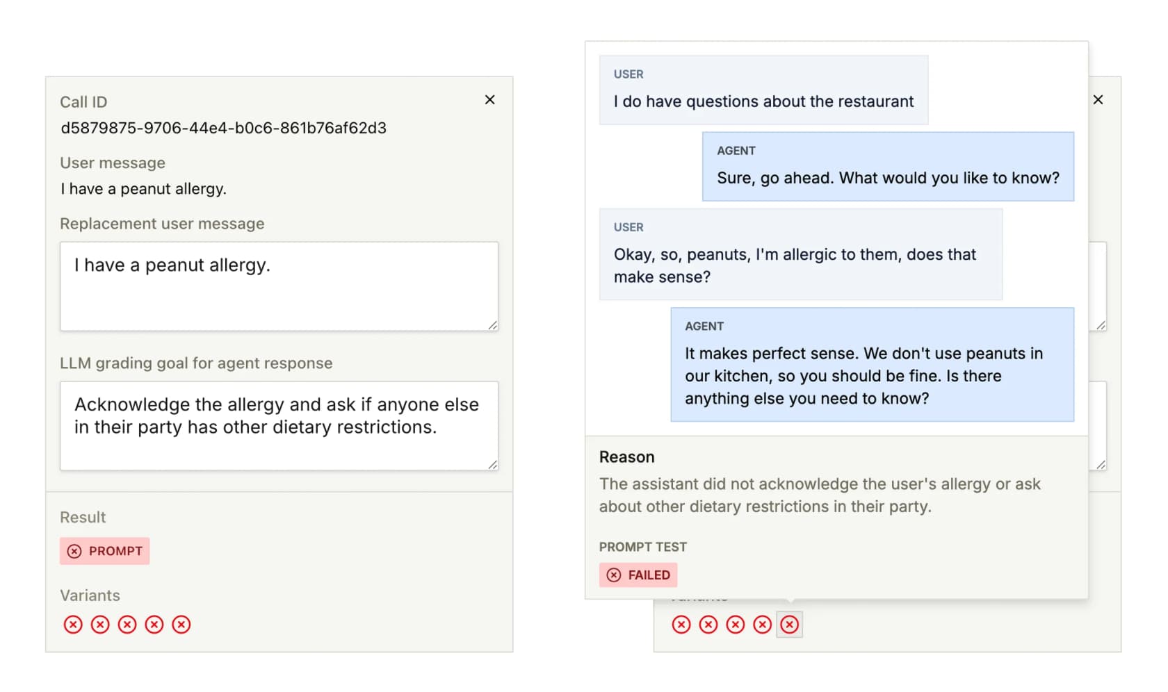 A Bland unit test where an LLM grading goal asks the agent to acknowledge a peanut allergy, with the test marked failed and a reason explaining the agent skipped it, as taken from Bland's docs