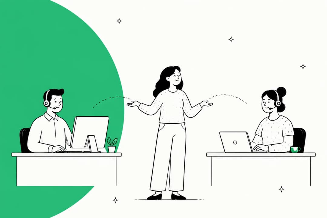Two support agents at their desks with a person between them, illustrating a Freshdesk vs Salesforce comparison